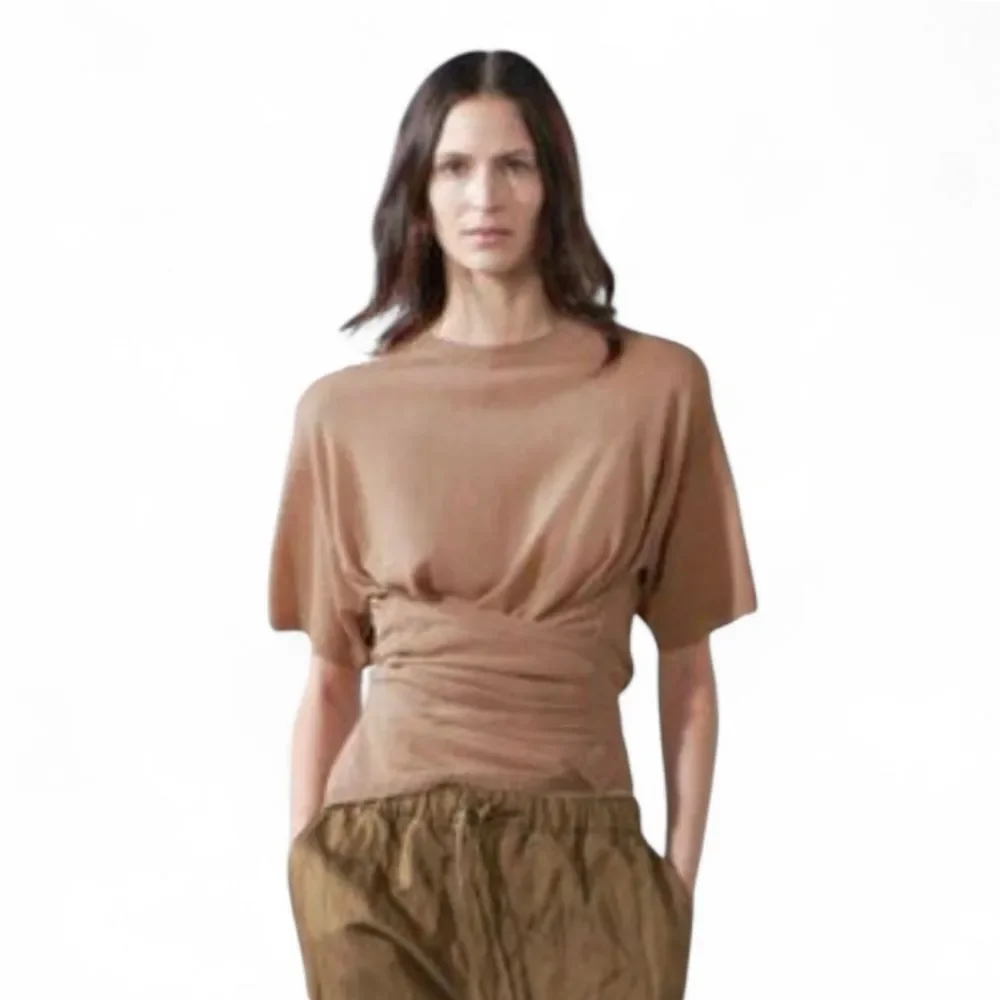 ZARA Tan Linen Blend Boxy Short Sleeve Bandage Wrap Crop Short Sleeve T Shirt S